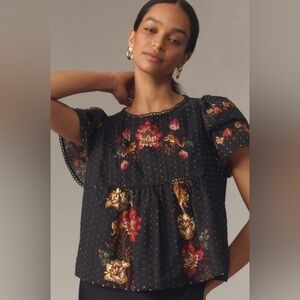 FARM Rio Black Floral Pintuck Peplum Blouse